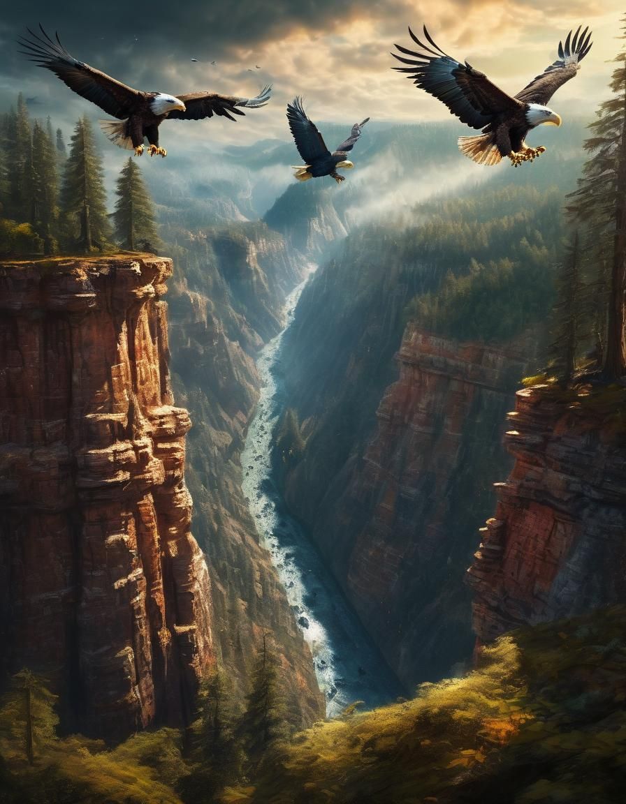 Eagles Flight Over Canyon and Redwoods in High Detail