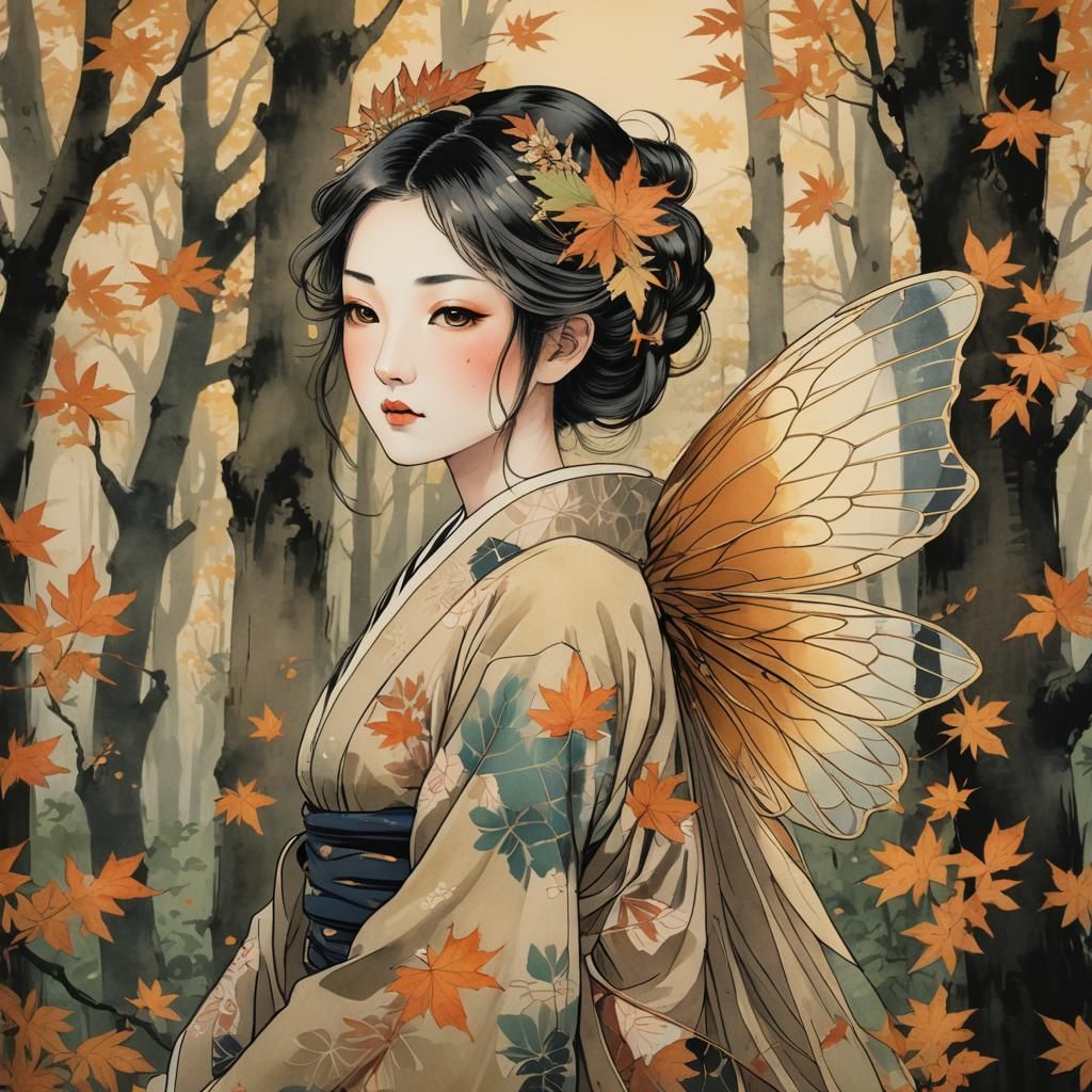 Fall Fairy in Forest, Ukiyo-e Style