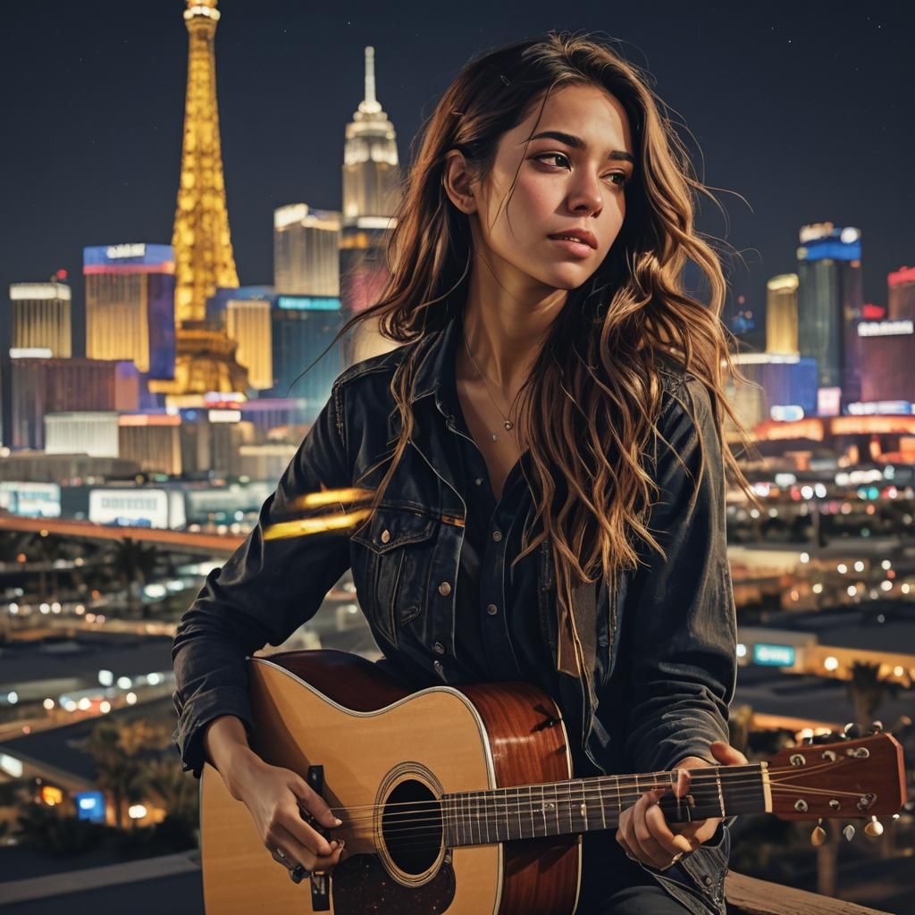 Kirey Plays Guitar at Night in Art Nouveau Style