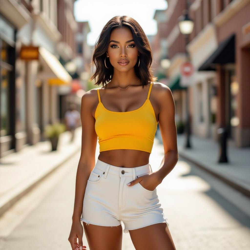 Chic Black Woman in Yellow Summer Outfit on Urban Street