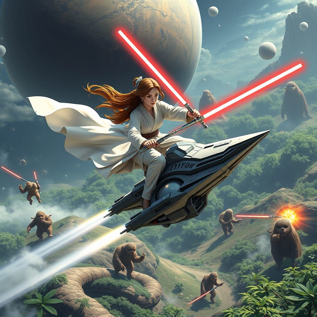 Jedi Knight on Speeder Bike Defends Kashyyyk in Anime Style