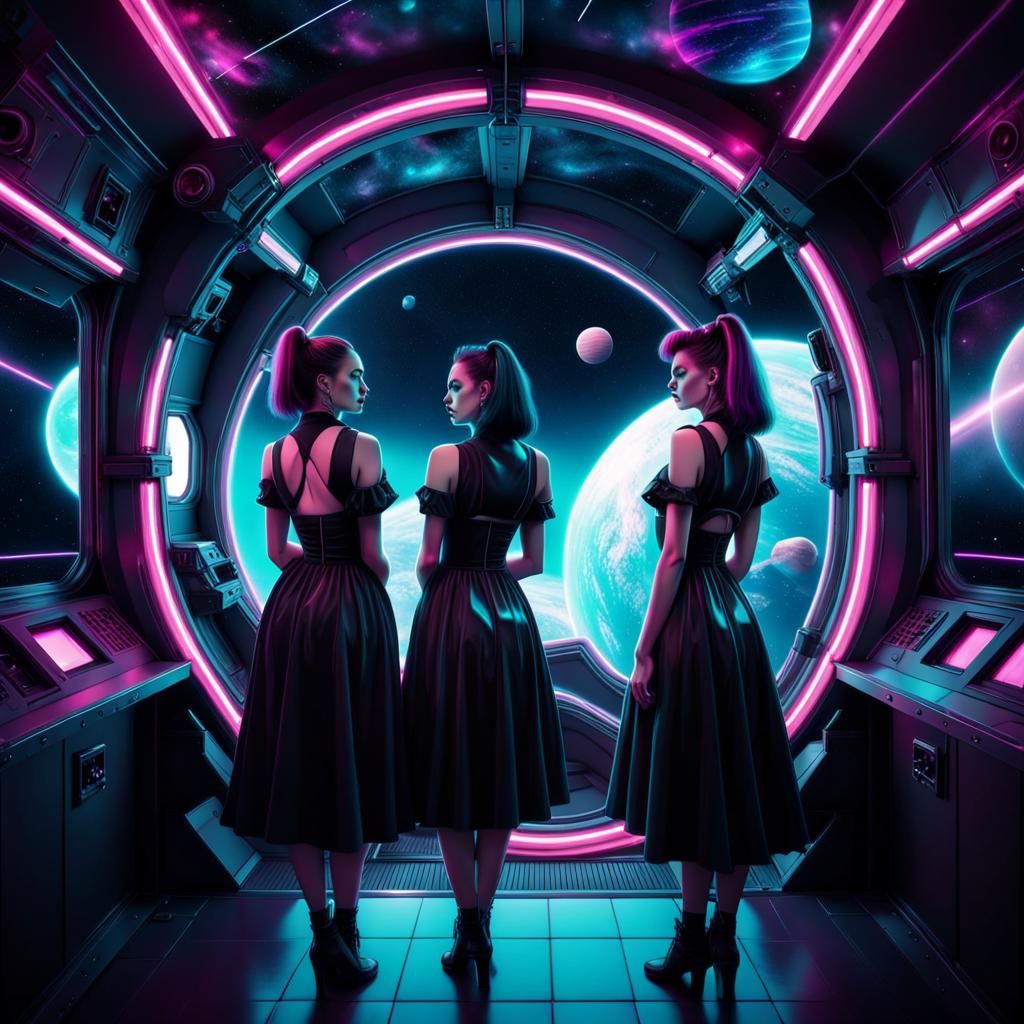 Gothic Women in Neon Space Station, Synthwave Style