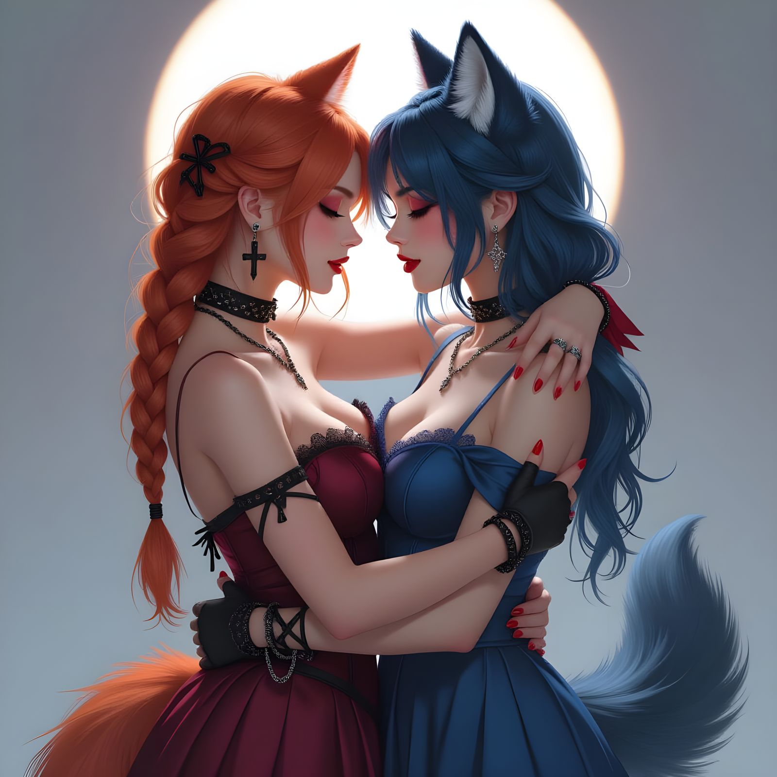 Gothic Wolf-Women Kissing: Realistic AI Art