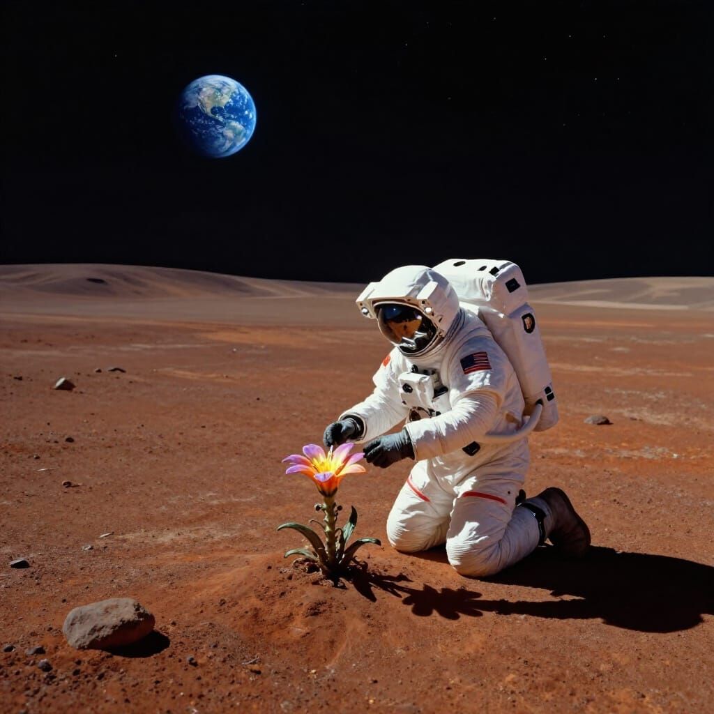 Astronaut Tends Alien Flower on Mars in Surreal Style