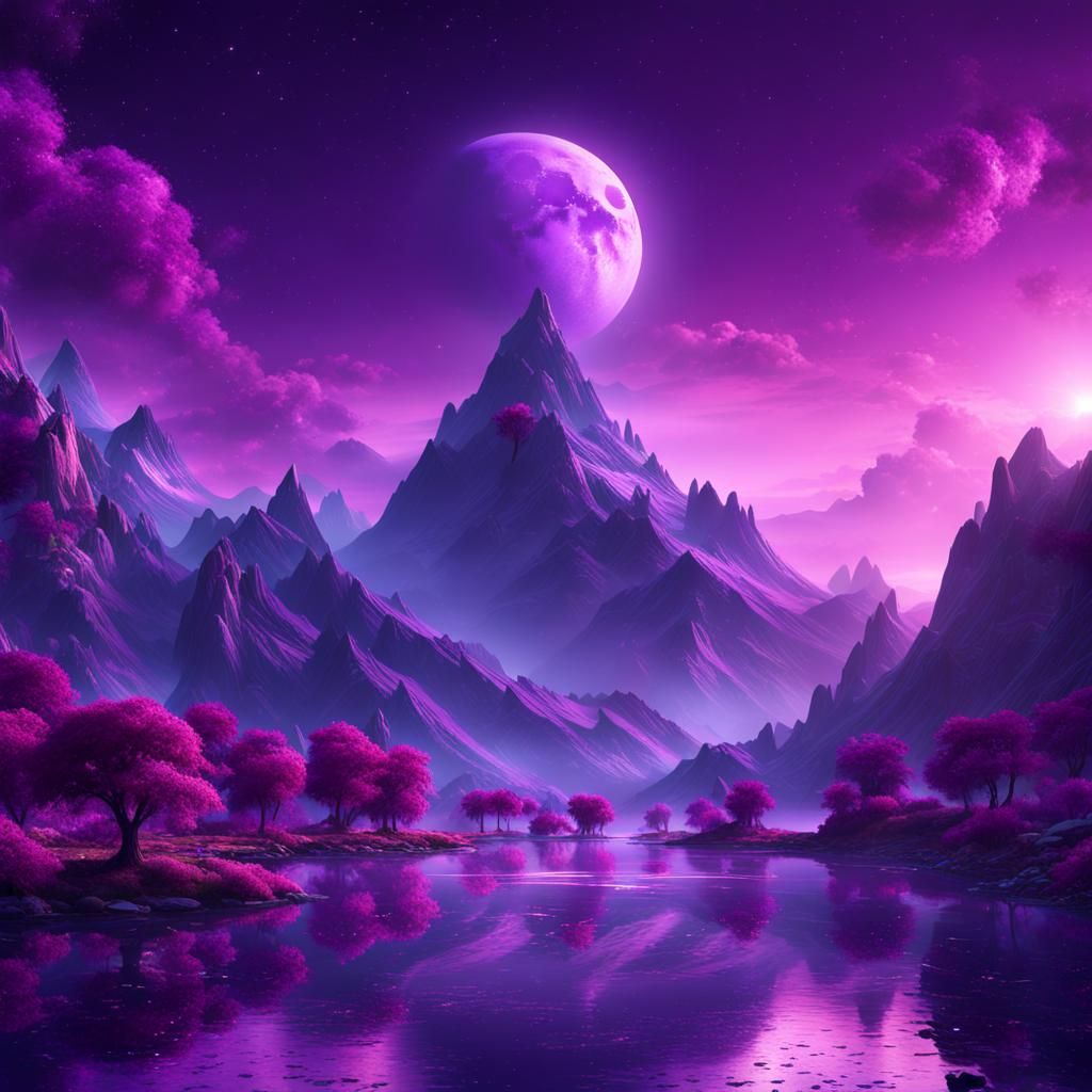 Enchanting Purple Landscape with Glittering Moon