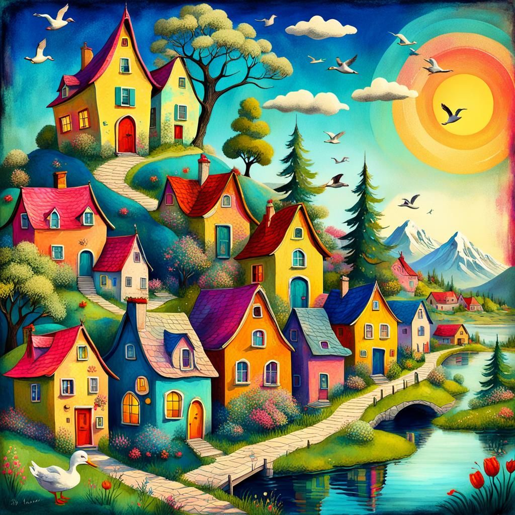 Whimsical Village Digital Art with Lake