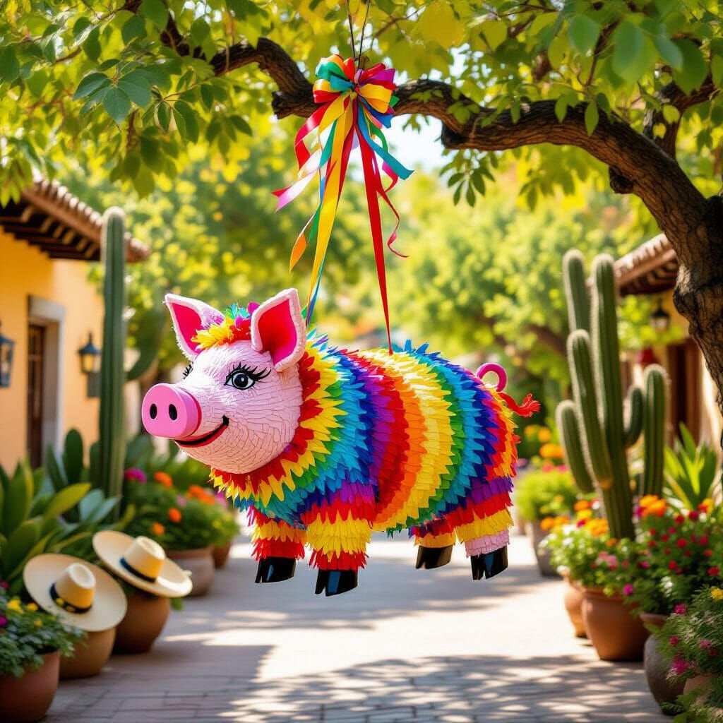 Colorful Piñata Pig in Mexican Plaza