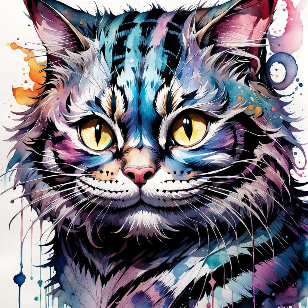 Whimsical Cheshire Cat Watercolor Manga Illustration