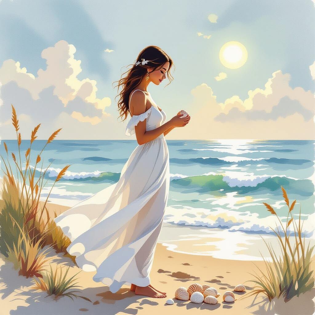 Seaside Serenity: Woman in Watercolor Style