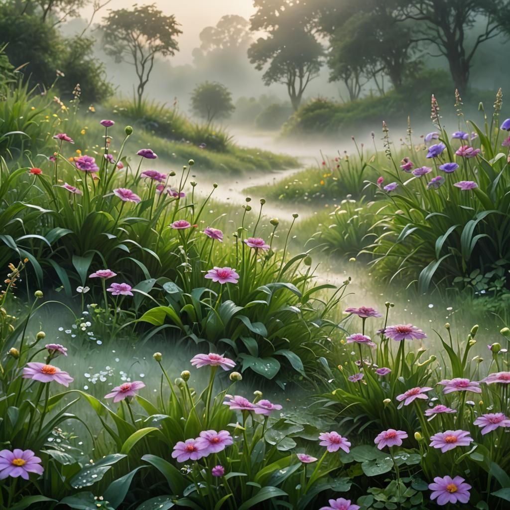 Enchanting Dewdrop Flowers in Misty Landscape