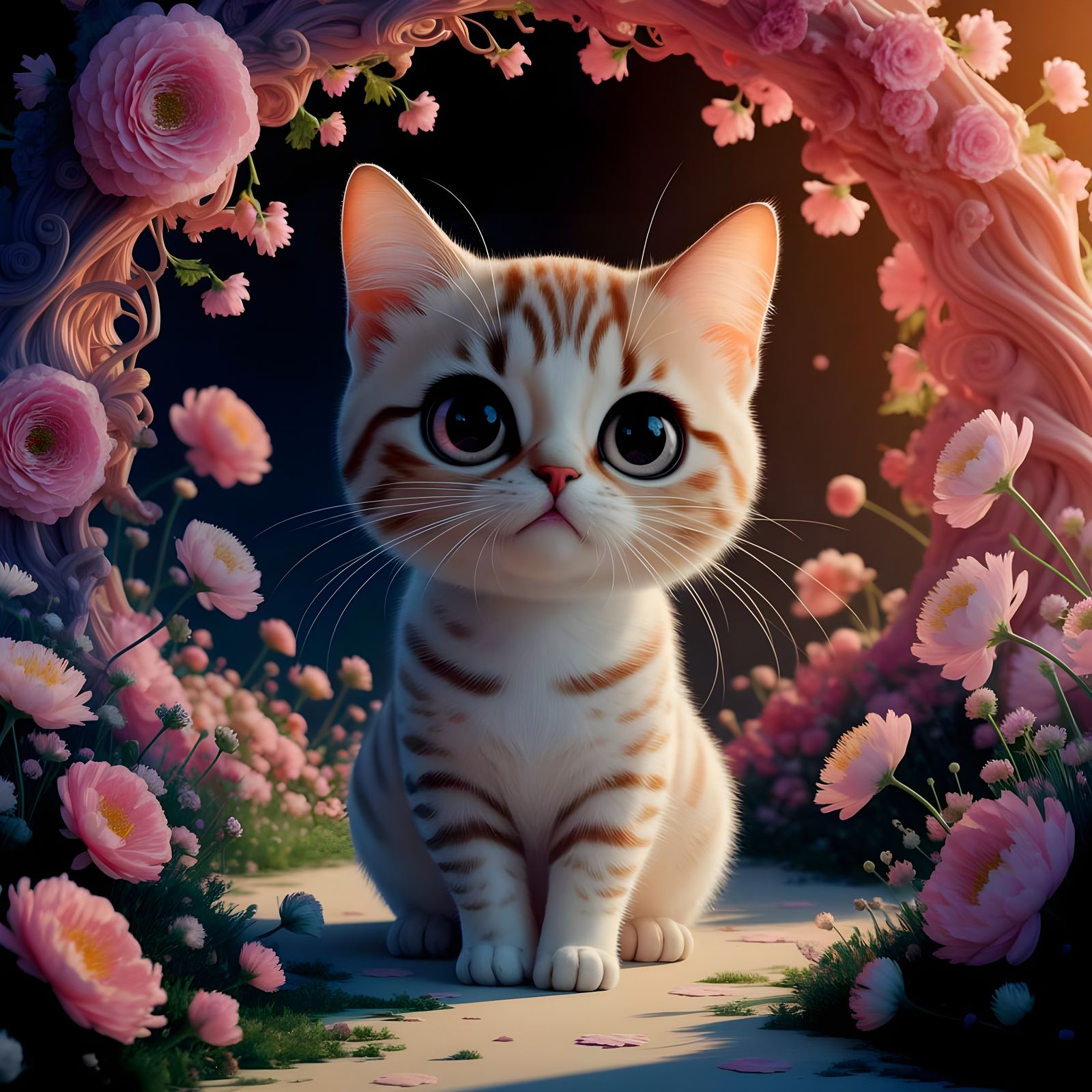 Kawaii Cat in Fantastical Anime Landscape