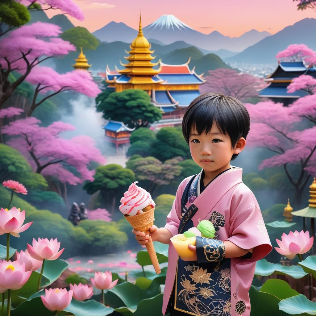 Japanese Boy with Lotus Ice Cream, Anime Art