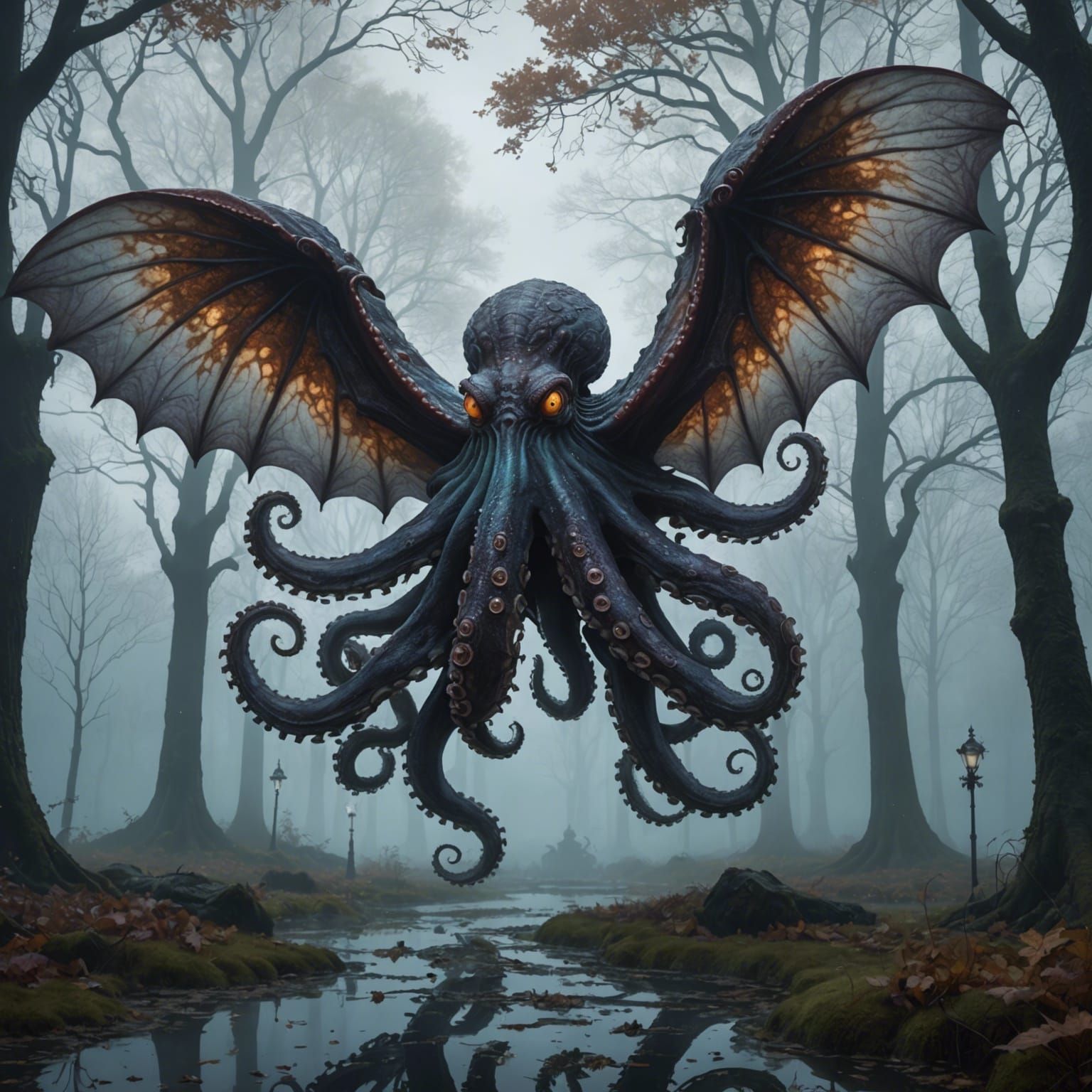 Winged Octopus in Love, Dark Fantasy Concept Art