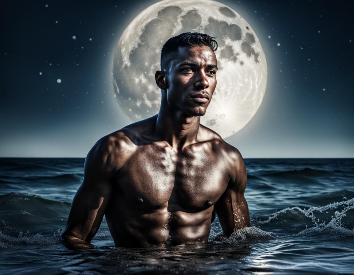 Shirtless Marine Bathed in Moonlight: Hyperrealistic Portrai...