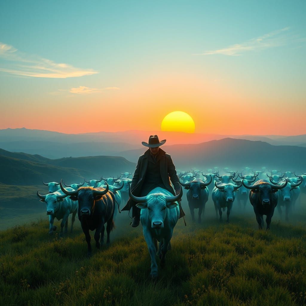 Ethereal Cowboy Herds Glowing Cattle Across Emerald Hills