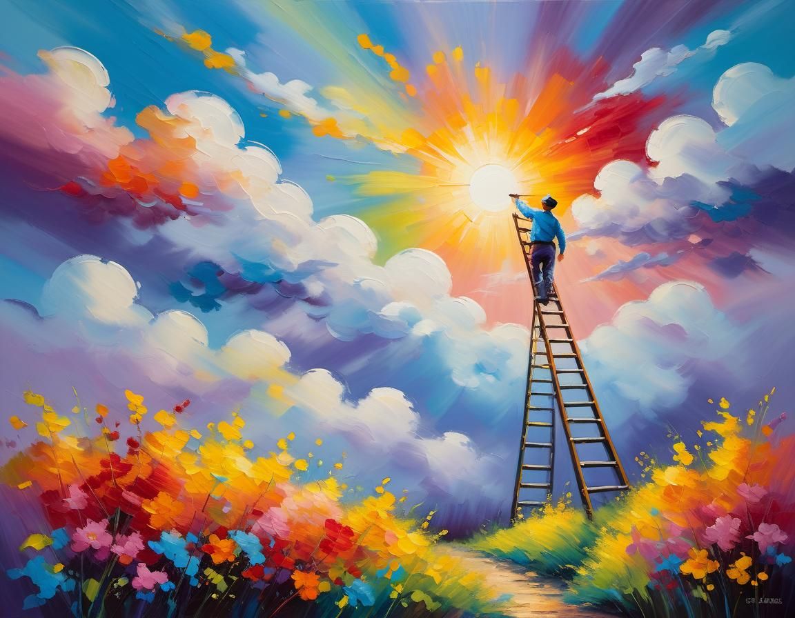 Impressionist Sunrise Painting with Figure on Ladder