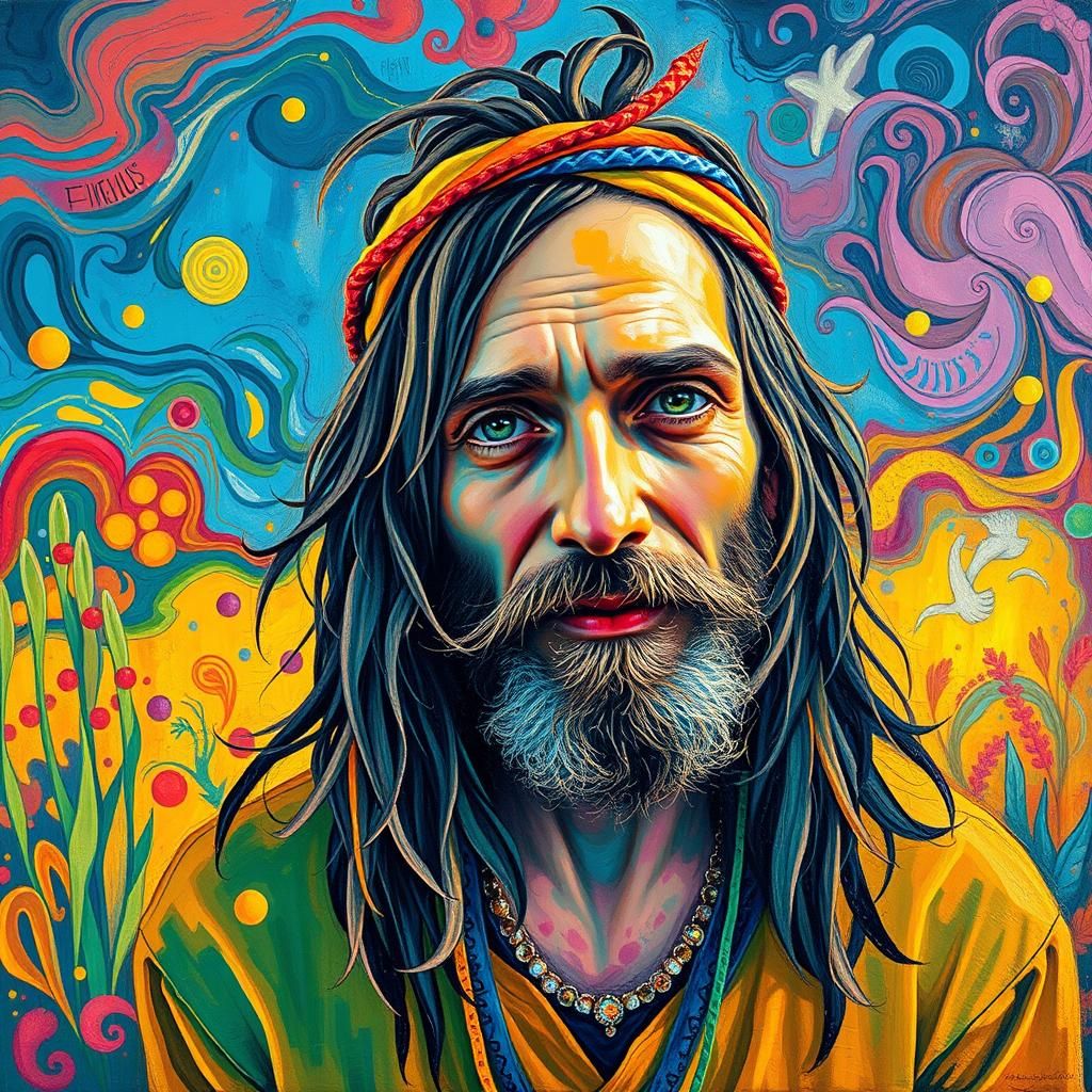 Hippy Portrait in Impressionistic Gouache and Watercolor