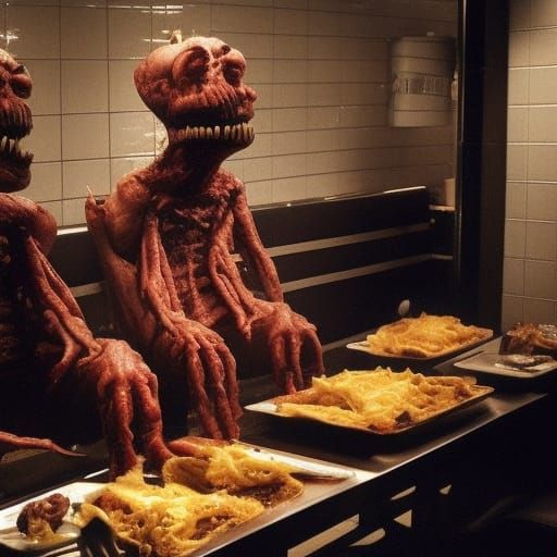 horror movie,  two sanwich looking monsters sitting at the restaurant, serving human limbs, hot steam comming from the f...