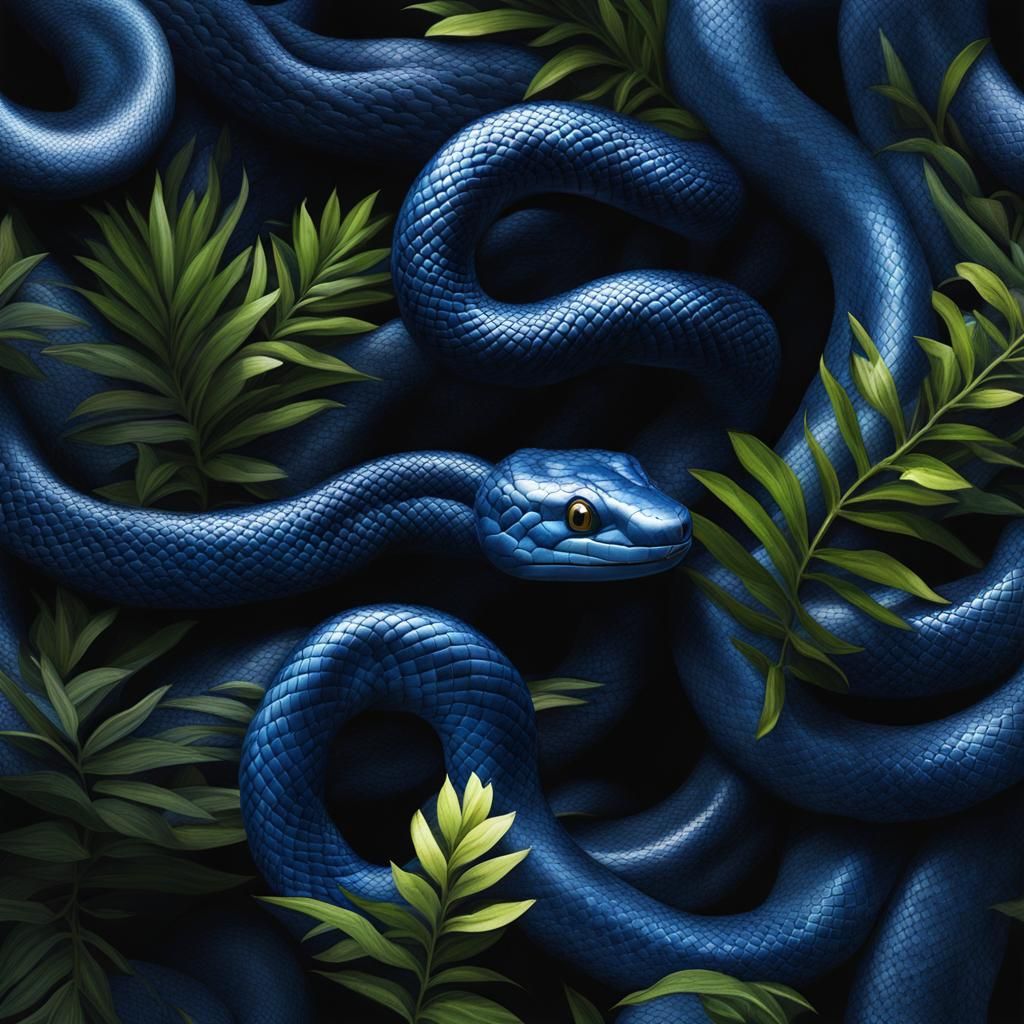Iridescent Blue Snake in Lush Jungle