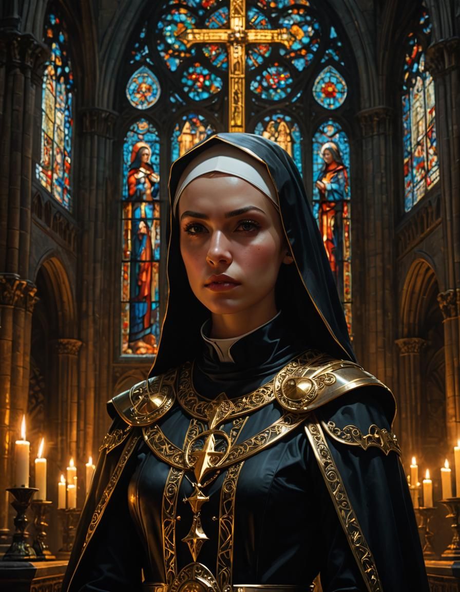 Warrior Nun in Gothic Cathedral: Dark Fantasy Art