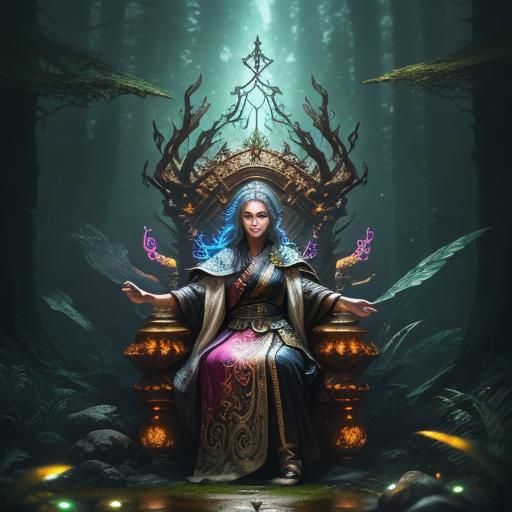 Fantasy Girl on Throne in Mystical Forest