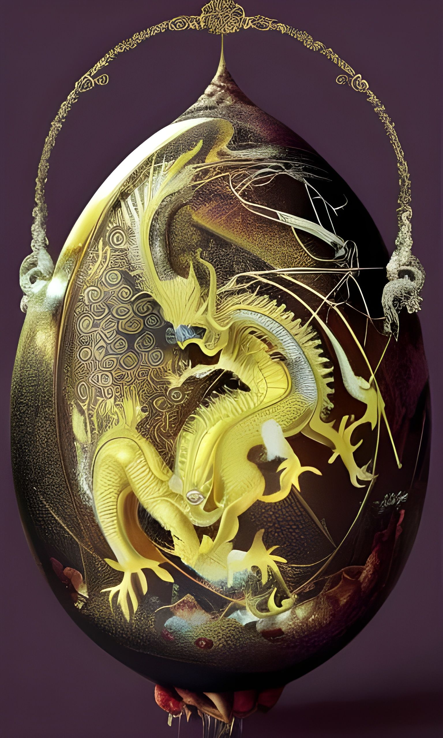 Golden Dragon in Blown Glass Egg: Neosurrealist Illustration
