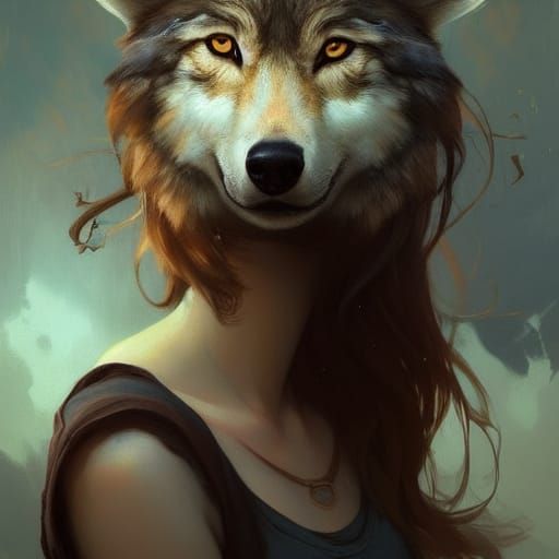 Girl with Wolf Head Portrait, Hyperdetailed Art