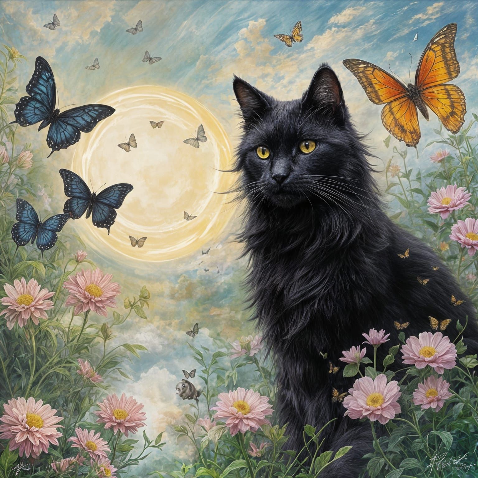 Black Cat Seeks Butterflies Under Crescent Moonlight
