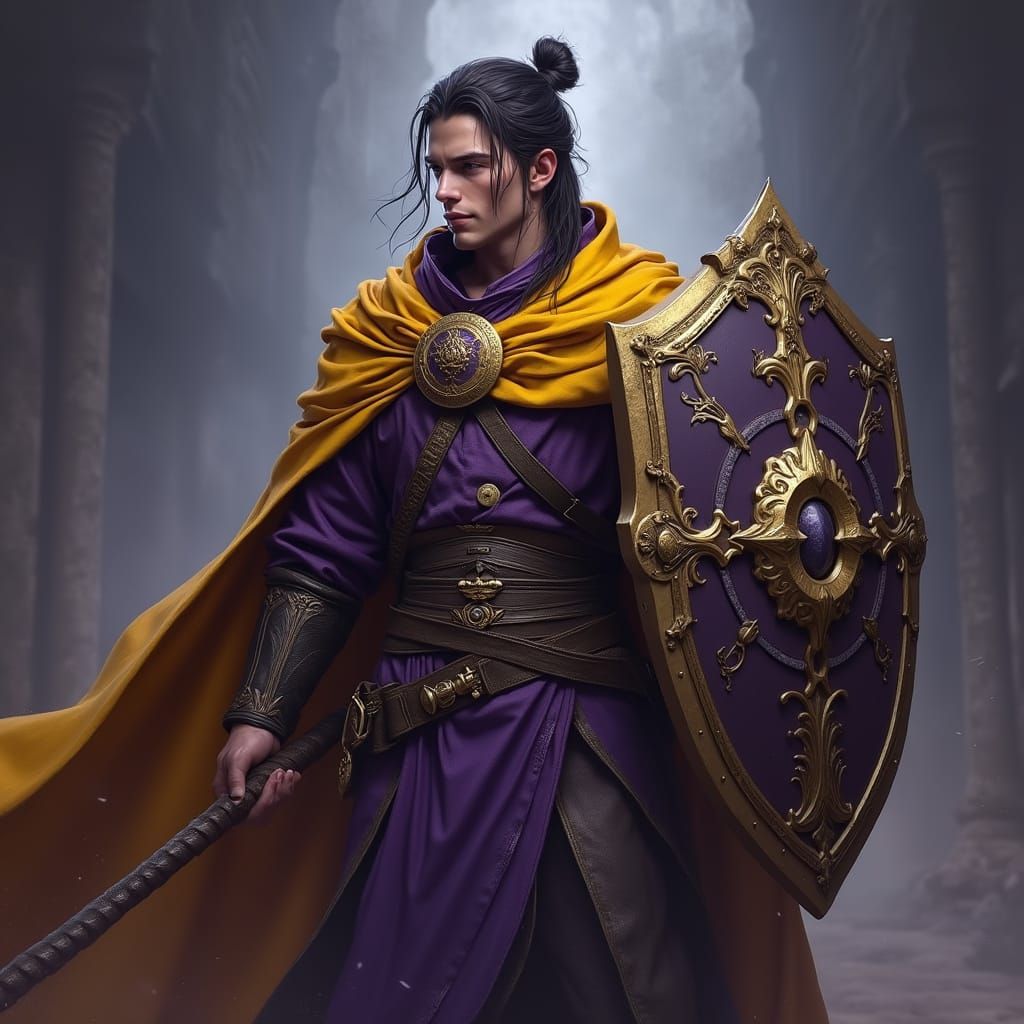 Dark Fantasy Guard with Ornate Shield and Staff