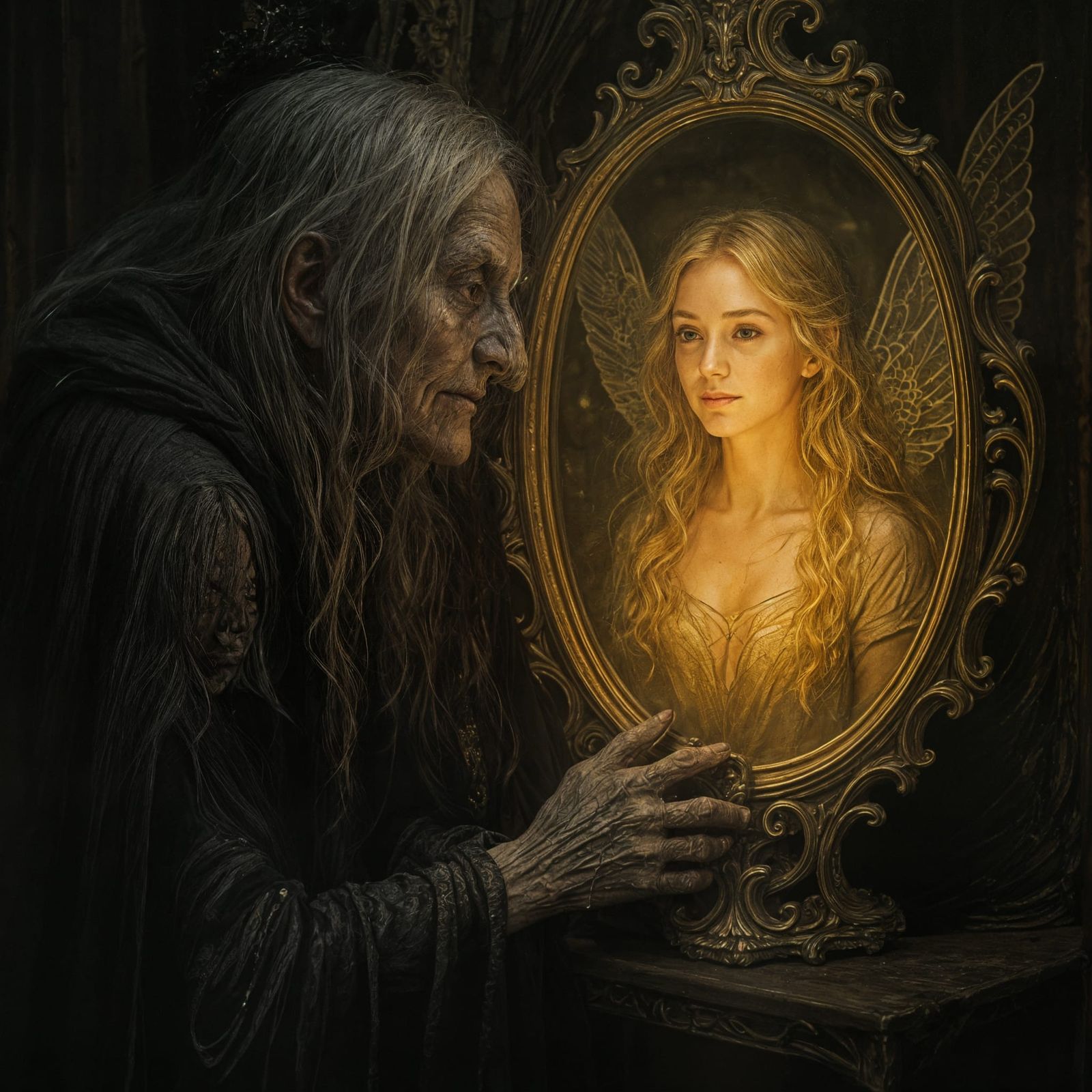 Witch Sees Young Fairy Reflection in Ornate Mirror