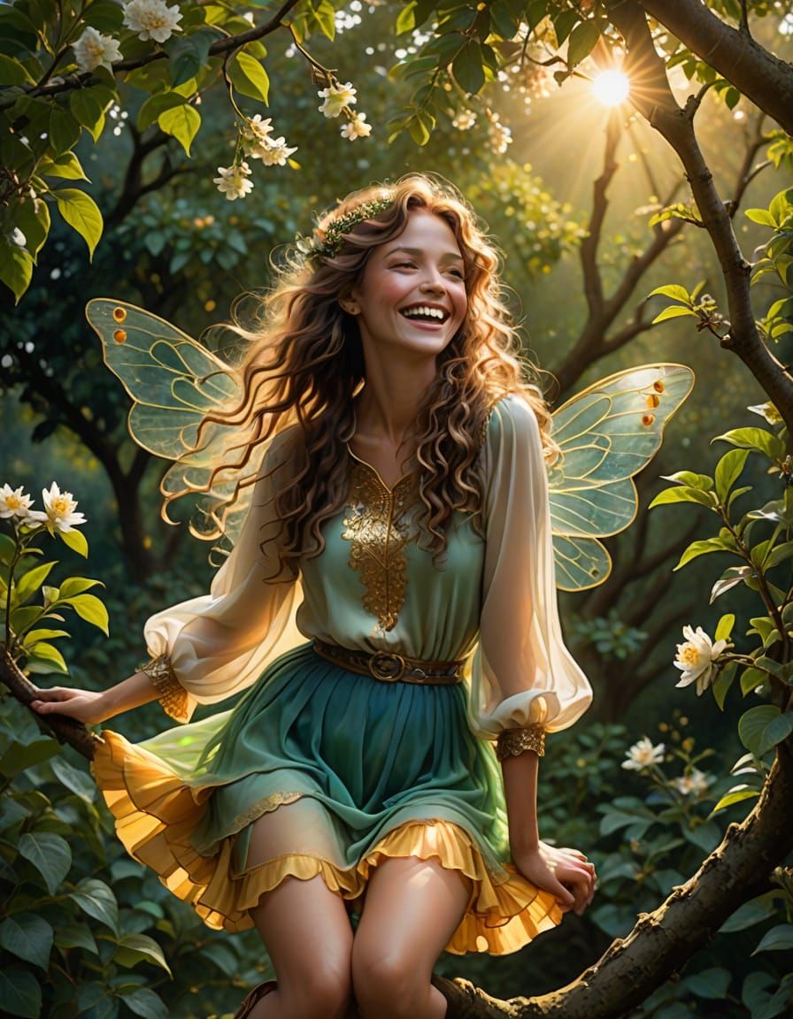 Fairy Sits on Apple Tree Branch, Laughing at Joke
