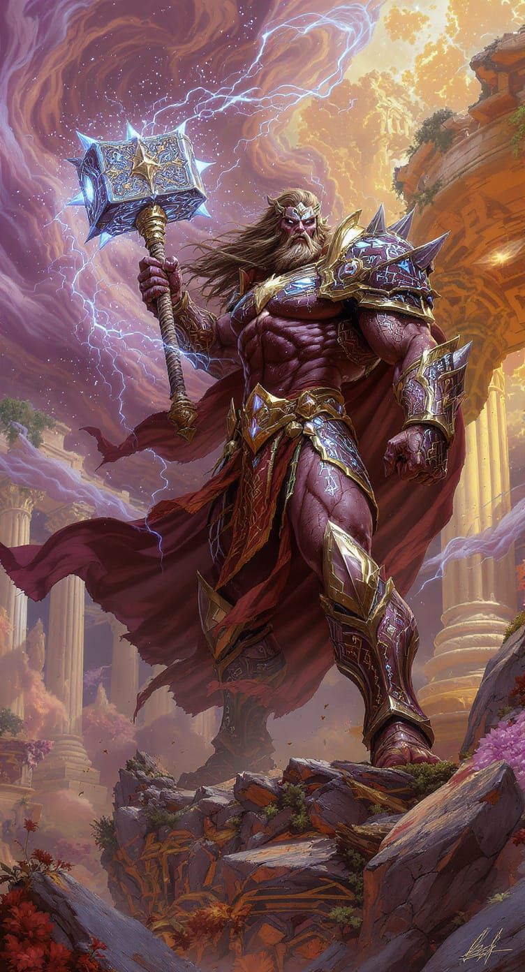 Mythological Warrior with Hammer in Fantasy Landscape