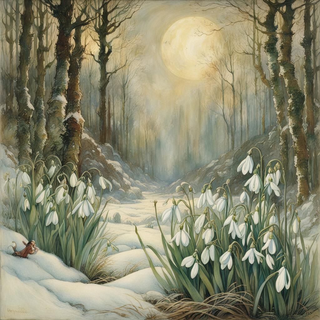 Snowdrops Breaking Through Snow, Whimsical Art Style