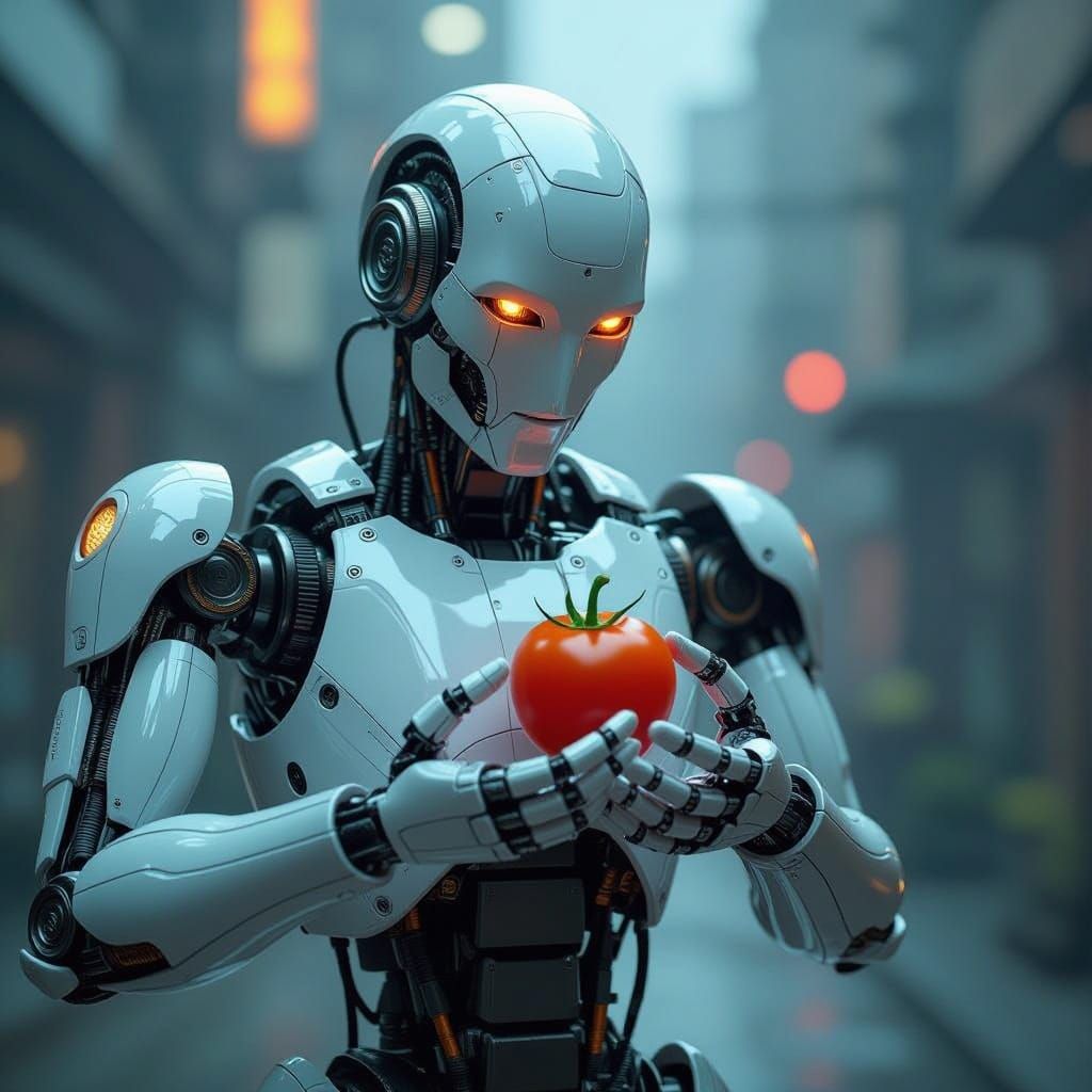 Robot Holding Tomato in Futuristic Biomechanical Style