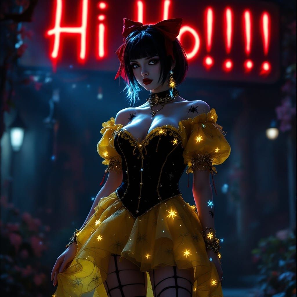 Goth Snow White in Yellow Mini Dress, Bioluminescent Tattoos...