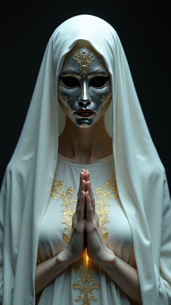 Cinematic Portrait of Solemn Figure in White Fabric