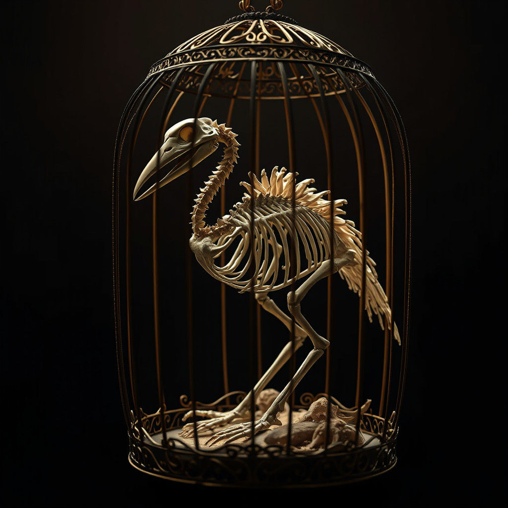 Majestic Bird Skeleton in Ornate Cage