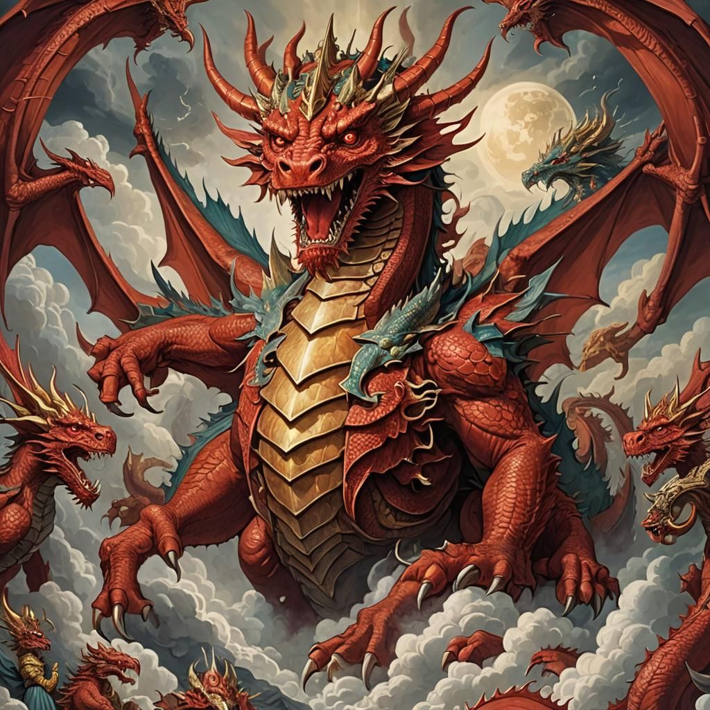 Seven-Headed Red Dragon in Heaven