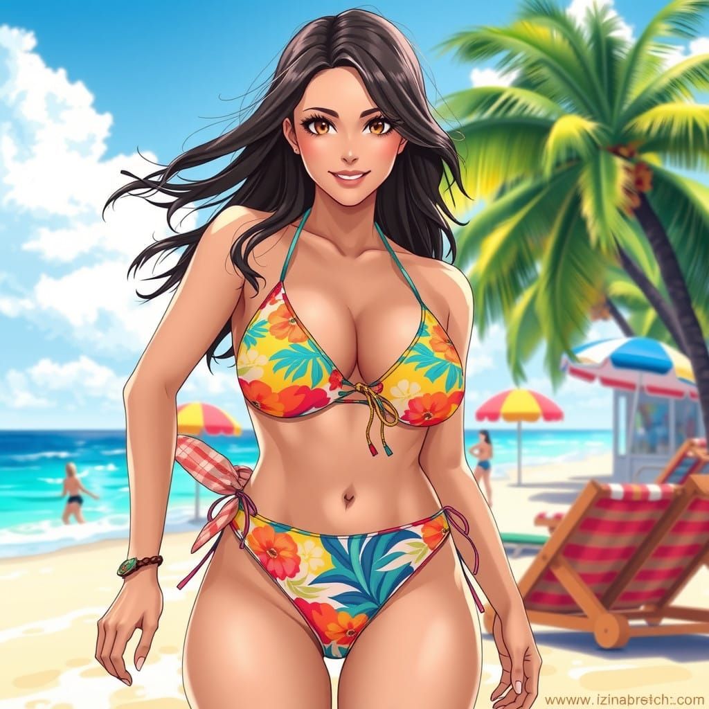 Confident Curvy Woman Showcases Hourglass Figure at the Beac...