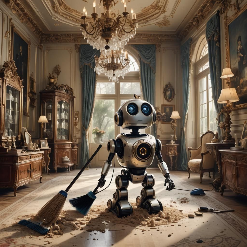Charming Robot Sweeping Dust in Luxurious Mansion
