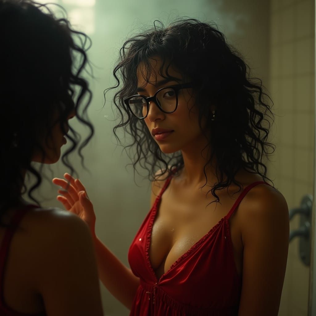 Sensual South Asian Woman in Steamy Bathroom, Cinematic Styl...