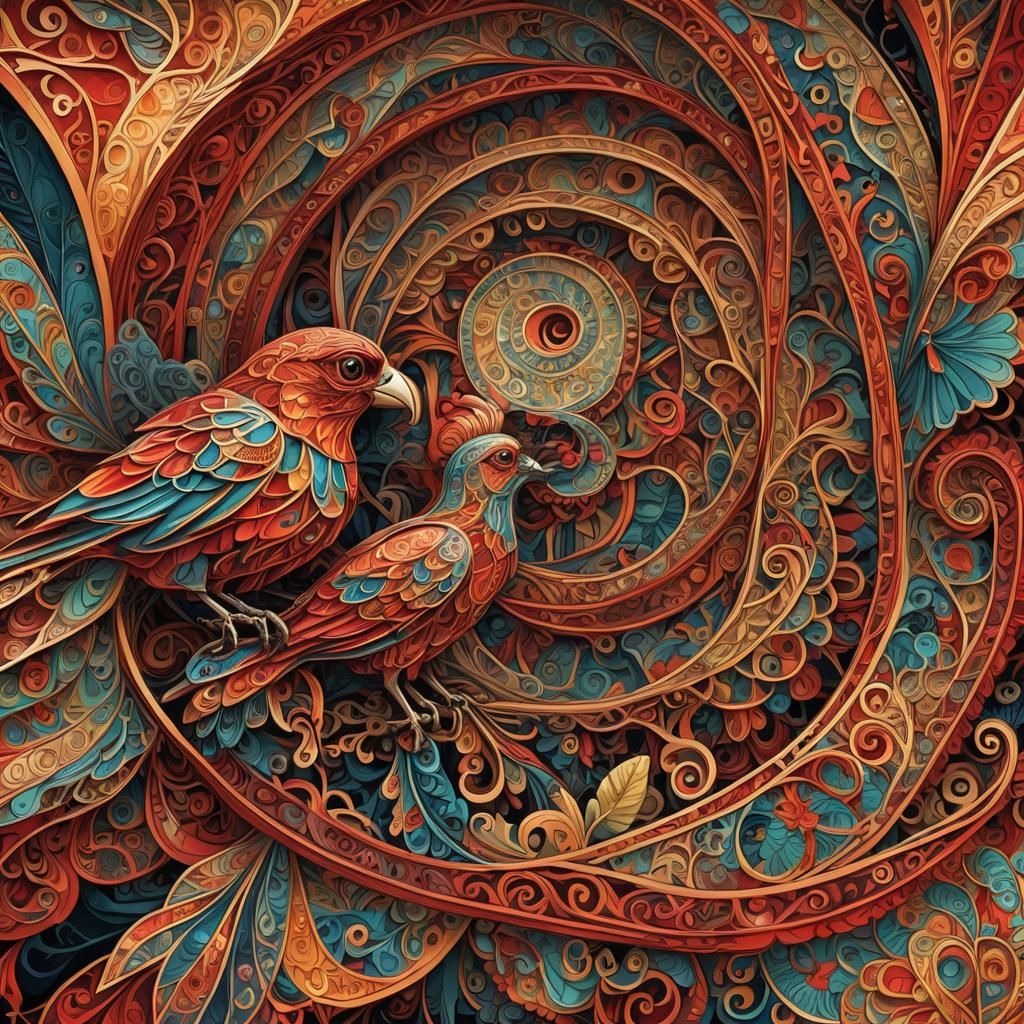 Ornate Caravan with Bird of Prey in Abstract Vector Style