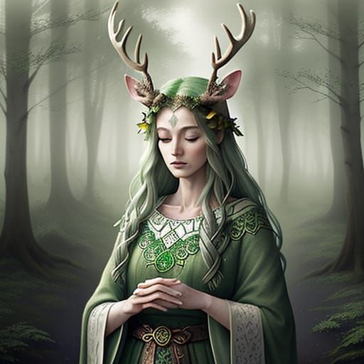Whimsical Deer Goddess in Celtic Watercolor Style