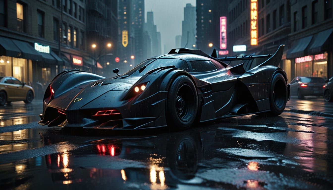Sleek Black Batmobile Speeds Through Rainy Gotham City Night