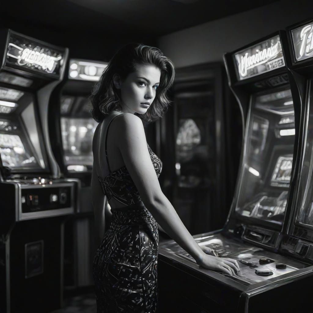 Retro Arcade Magazine Cover: Woman Poses in Neon Glow