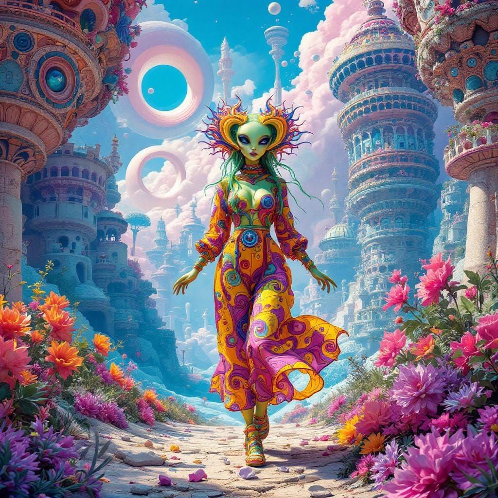 Alien Woman Hiking in Surreal Escher Landscape