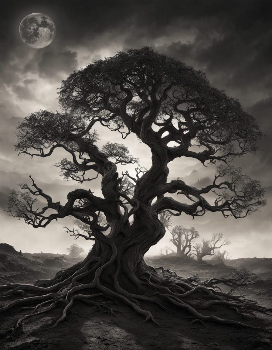 Surreal Biomechanical Tree Reaches for Dark Skies