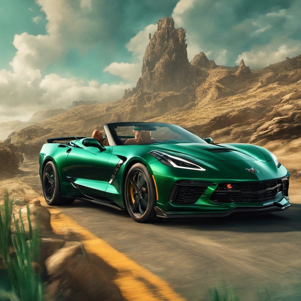 an emerald green corvette convertible with Jason Momoa as Aq...