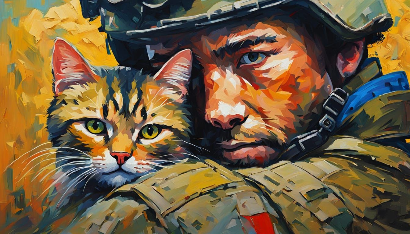 Ukrainian Soldier Hugs Cat: Abstract Oil Painting