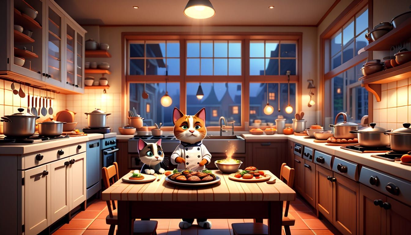Tiny Chef Cats in a Cozy Pixar-Style Kitchen